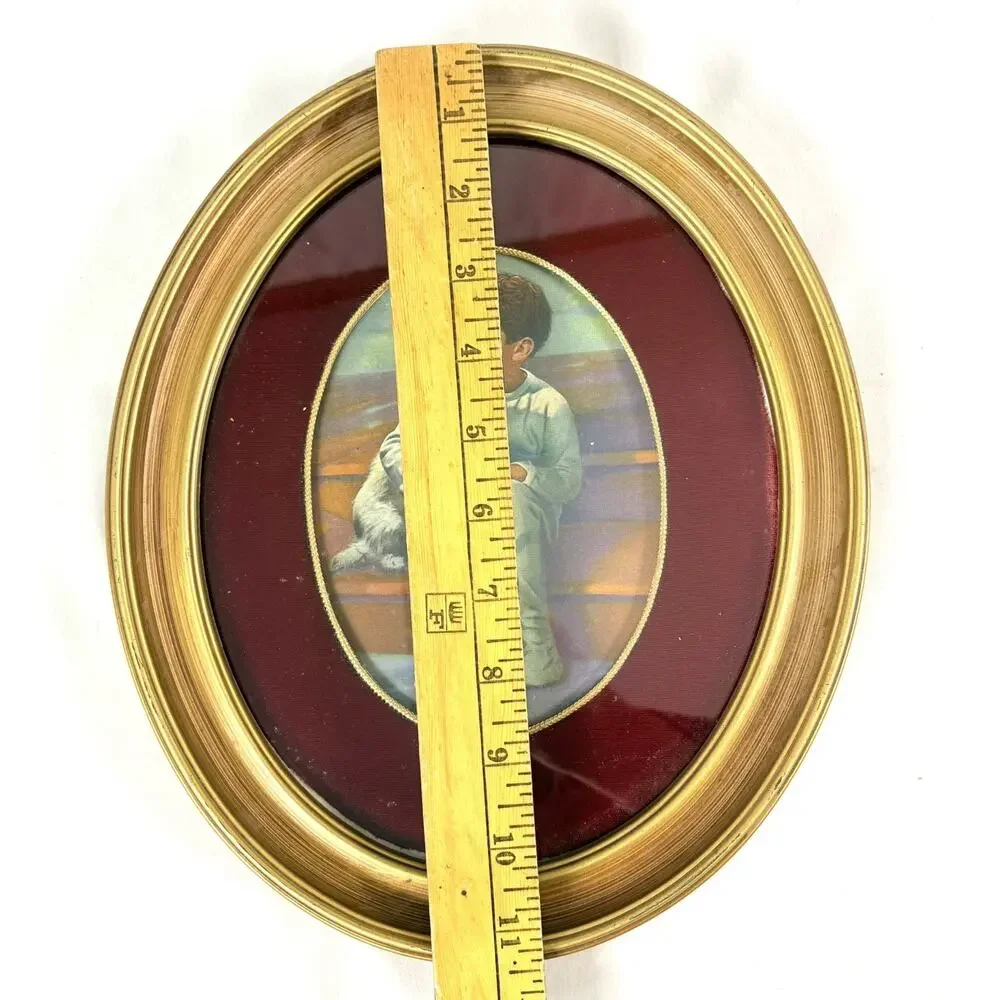 Vintage Oval Gold Tone Easel Back Frame Velvet Mat Boy & His Dog Print 12”